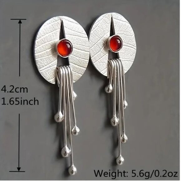 NEW Katya Handmade Silver and Red Cabochon Geometric Dangle Earrings - Picture 2 of 4